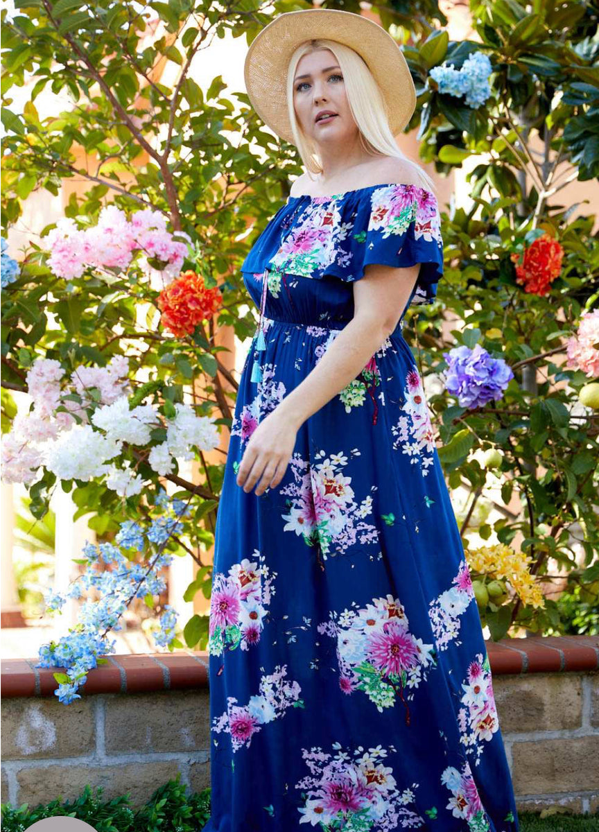 plus size off the shoulder floral dress PRINT MAXI – Nina's Boutique 3 Women's White Satin Polka up back and voluminous priority-05-scatter-blossom-cami-ankle-gown-seashell Select your size:13.5