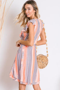 CORAL MULTI  STRIPE PRINT CASCADE RUFFLED WRAP