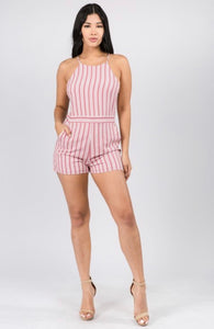 STRIPED PRINT SLEEVELESS ROMPER WITH SIDE POCKET