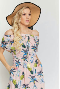 TROPICAL VACATION OFF SHOULDER MAXI DRESS