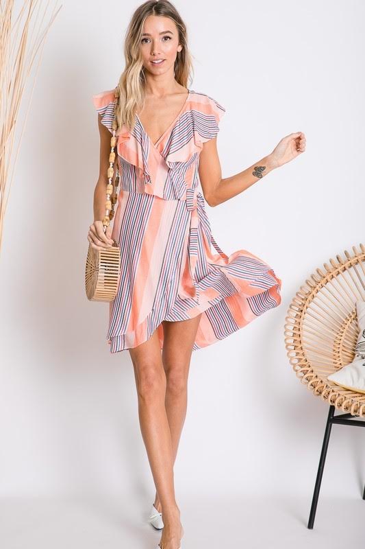 CORAL MULTI  STRIPE PRINT CASCADE RUFFLED WRAP