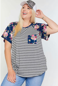 PLUS SIZE FLORAL STRIPE POCKET TEE