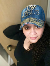 Load image into Gallery viewer, I love Jesus Jean hat with bling
