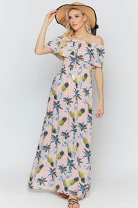 TROPICAL VACATION OFF SHOULDER MAXI DRESS