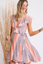 Load image into Gallery viewer, CORAL MULTI  STRIPE PRINT CASCADE RUFFLED WRAP
