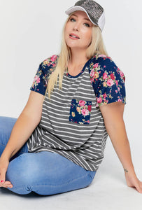 PLUS SIZE FLORAL STRIPE POCKET TEE