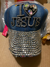 Load image into Gallery viewer, I love Jesus Jean hat with bling
