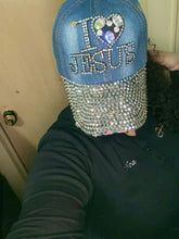 Load image into Gallery viewer, I love Jesus Jean hat with bling
