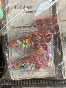 Butterfly 3 pc hair clips with confetti